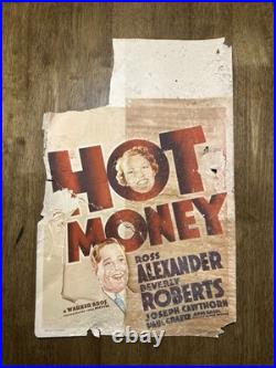 1936 Hot Money Movie Poster Window Card Warner Bros Ross Alexander Rare