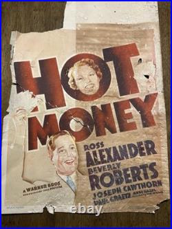 1936 Hot Money Movie Poster Window Card Warner Bros Ross Alexander Rare