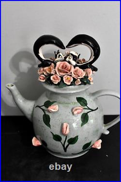 Handmade PEPE LE PEW & PENELOPE Floral Teapot Numbered & Signed By Artist RARE