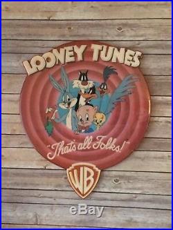 Looney Tunes That's All Folks Round Wooden Sign Large Wood RARE HTF Glazercut