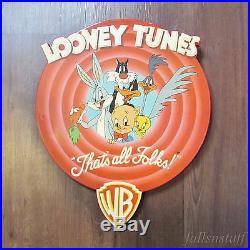 Looney Tunes VTG That's All Folks Round Wooden Sign Large Wood RARE HTF