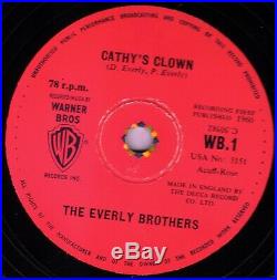 Mega Rare 1960 Uk #1 The Everly Brothers 78 Cathy's Clown Warner Brothers Wb1 E