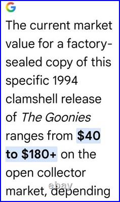 RARE The Goonies VHS White Clam Shell New Sealed Warner Brothers 1994 HTF