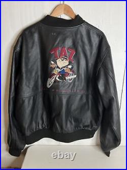 RARE Vintage Taz Tasmanian Devil Black Leather Motorcycle Jacket Warner Bros XL