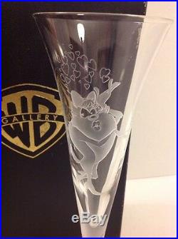 RARE Warner Brothers Gallery Glass Flutes Mr. Taz And Mrs. Taz Tasmanian Devil