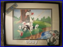 Rare 1994 Warner Bros Looney Tunes Sylvester & Son Catching Fish framed picture