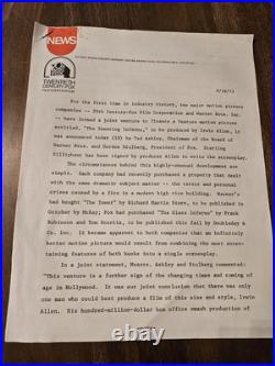 Rare! Fox/Warner Bros.'Towering Inferno' Joint Venture Press Release Original