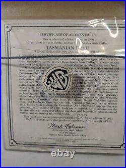 Rare Warner Bros Looney Tunes Tasmanian Devil Taz Lithograph and Pin Set with COA