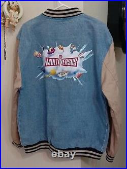 Rare Warner Brothers MULTIVERSUS Denim Jean Letterman Jacket Unisex Medium