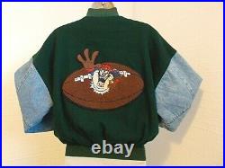 Taz Ball Warner Bros Studio Vintage Green Wool Denim XS Varsity Jacket EUC Rare