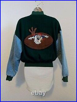 Taz Ball Warner Bros Studio Vintage Green Wool Denim XS Varsity Jacket EUC Rare