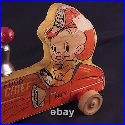 Very Unique And Rare Brice ELMER FUDD Pull Toy Fire Chief NO. 7 Warner Brothers