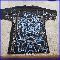 Vintage 1995 Taz Looney Tunes Warner Bros Neon Sign AOP Rare Freeze Shirt Mens M