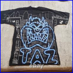 Vintage 1995 Taz Looney Tunes Warner Bros Neon Sign AOP Rare Freeze Shirt Mens M