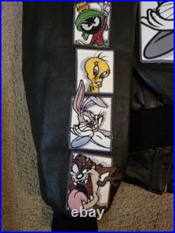 Vintage 1998 Warner Bros Leather Bomber Jacket Looney Tunes Size Med Rare