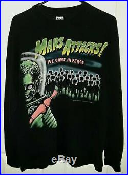 Vintage Mars Attacks! LG Long Sleeve We Come In Peace Shirt 1996 Tim Burton Rare