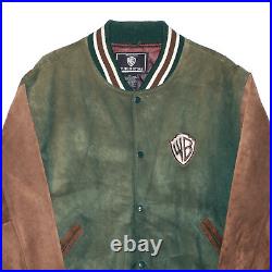 Vintage RARE WARNER BROS Green Suede USA Colourblock Bomber Jacket Mens XL