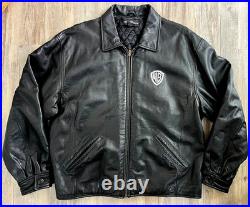 Vintage RARE Warner Bros Studios Embroidered Leather Jacket Mens Large Black 90s