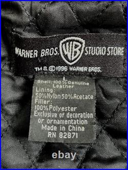 Vintage RARE Warner Bros Studios Embroidered Leather Jacket Mens Large Black 90s
