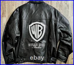 Vintage RARE Warner Bros Studios Embroidered Leather Jacket Mens Large Black 90s