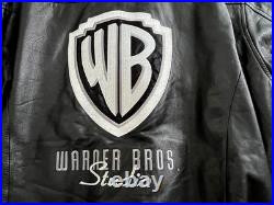 Vintage RARE Warner Bros Studios Embroidered Leather Jacket Mens Large Black 90s