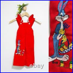 Vintage Warner Bros RARE Bugs Bunny Red Ruffle Embroidered Kid's Jumpsuit Sz 2T