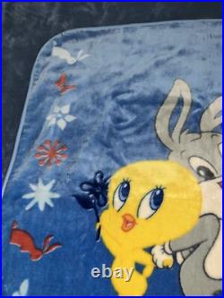 Warner Bros Baby Looney Tunes Blanket Blue Bugs Bunny Tweety Bird Flowers RARE Warner Bros Baby Looney Tunes Blanket Blue Bugs Bunny Tweety Bird Flowers RARE
