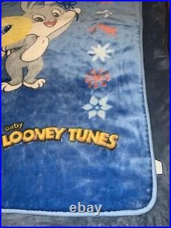 Warner Bros Baby Looney Tunes Blanket Blue Bugs Bunny Tweety Bird Flowers RARE Warner Bros Baby Looney Tunes Blanket Blue Bugs Bunny Tweety Bird Flowers RARE