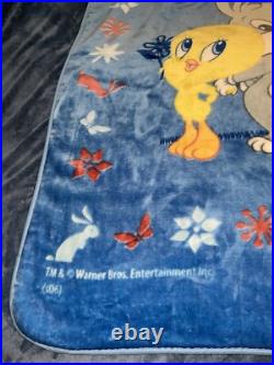 Warner Bros Baby Looney Tunes Blanket Blue Bugs Bunny Tweety Bird Flowers RARE Warner Bros Baby Looney Tunes Blanket Blue Bugs Bunny Tweety Bird Flowers RARE