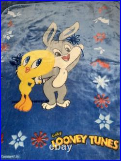 Warner Bros Baby Looney Tunes Blanket Blue Bugs Bunny Tweety Bird Flowers RARE Warner Bros Baby Looney Tunes Blanket Blue Bugs Bunny Tweety Bird Flowers RARE
