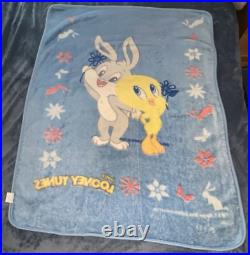 Warner Bros Baby Looney Tunes Blanket Blue Bugs Bunny Tweety Bird Flowers RARE Warner Bros Baby Looney Tunes Blanket Blue Bugs Bunny Tweety Bird Flowers RARE