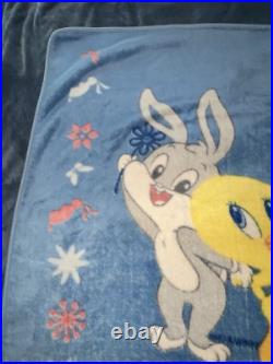 Warner Bros Baby Looney Tunes Blanket Blue Bugs Bunny Tweety Bird Flowers RARE Warner Bros Baby Looney Tunes Blanket Blue Bugs Bunny Tweety Bird Flowers RARE