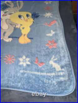 Warner Bros Baby Looney Tunes Blanket Blue Bugs Bunny Tweety Bird Flowers RARE Warner Bros Baby Looney Tunes Blanket Blue Bugs Bunny Tweety Bird Flowers RARE