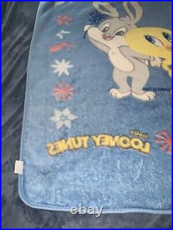 Warner Bros Baby Looney Tunes Blanket Blue Bugs Bunny Tweety Bird Flowers RARE Warner Bros Baby Looney Tunes Blanket Blue Bugs Bunny Tweety Bird Flowers RARE